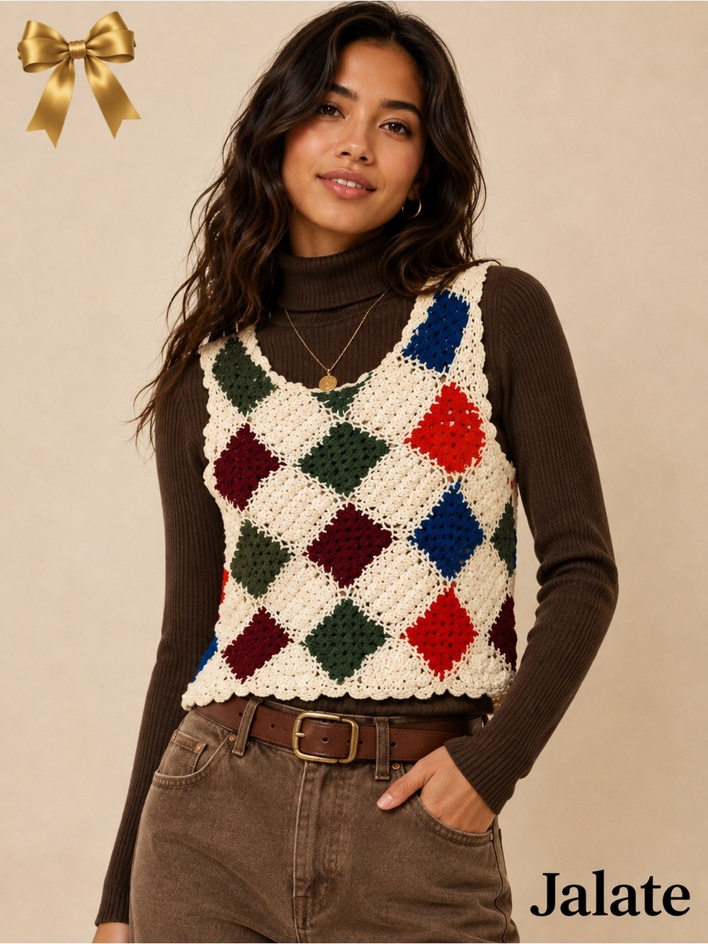 Jalate Crochet Granny Square Crop Top Ramie Cotton Multicolor XS/S